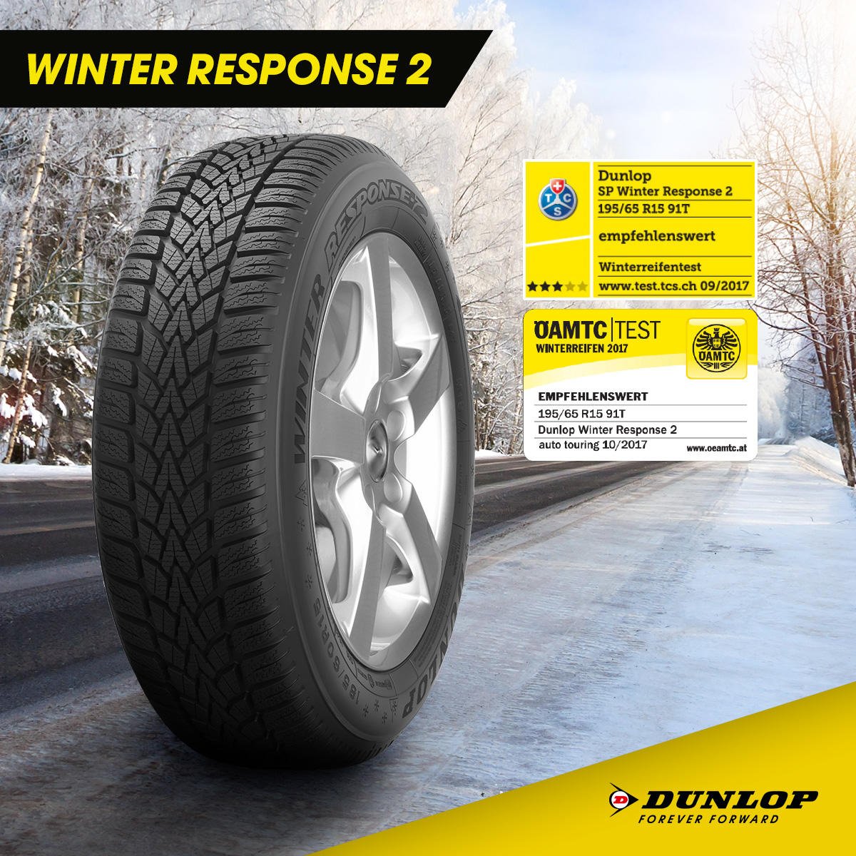 Známka doporučené pro Dunlop Winter Response 2 od ÖAMTC pro rozměr 195/65 R15 91T